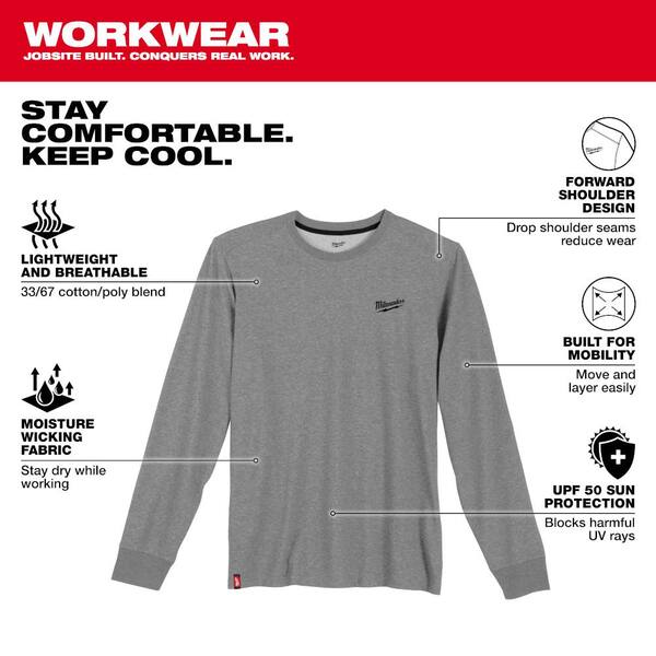 Milwaukee Men's 2X Large Gray Long Sleeve Hybrid Work T Shirt with