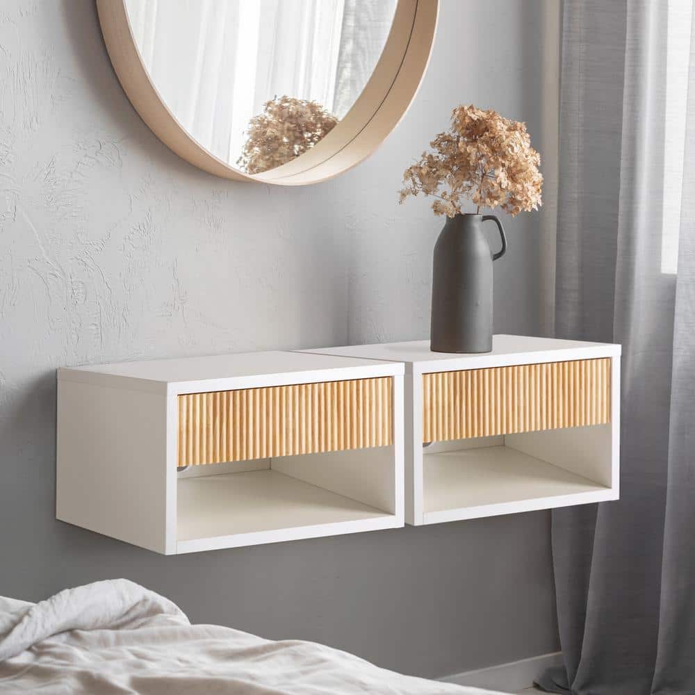White MDF Floating Nightstand with Rattan Drawer