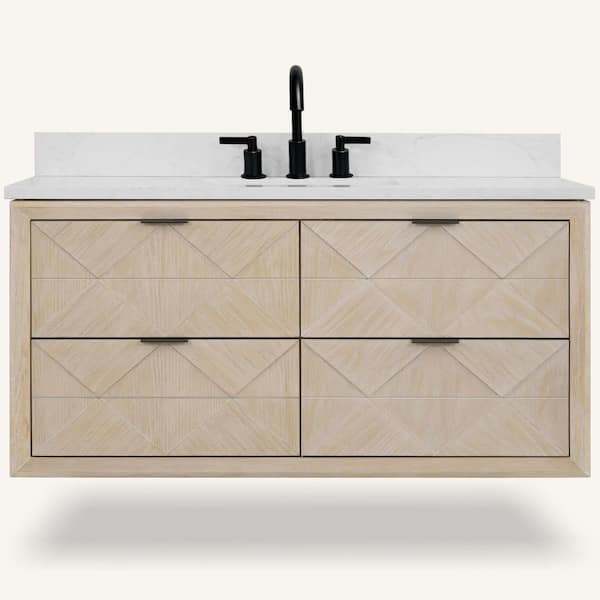Solid Wood Contemporary 48 in. Wall Mount Whitewashed Oak Bath Vanity with White Artificial Stone Top Assembled