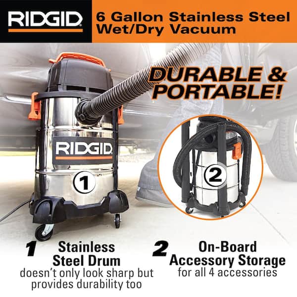 RIDGID 6 Gallon 4.25 Peak HP Stainless Steel Wet/Dry Shop Vacuum with  Filter, Locking Hose and Six Accessories, Metallics - Yahoo Shopping