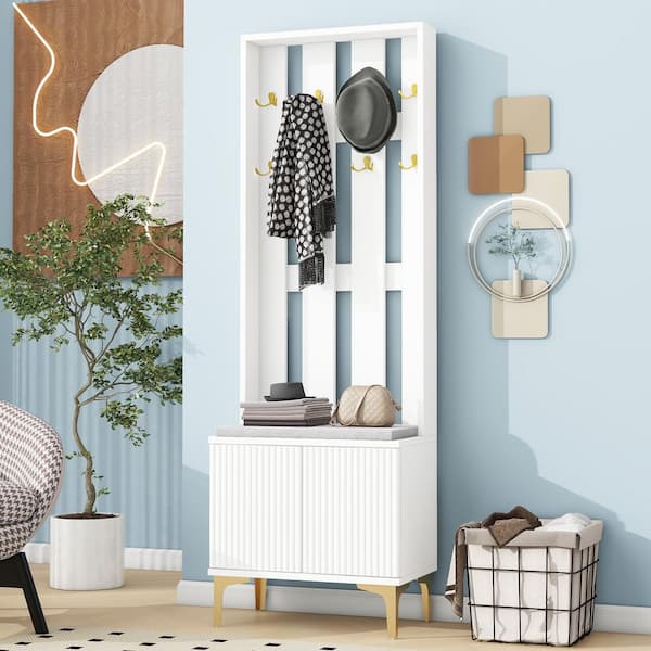 Nestfair White Freestanding Hall Tree Coat Rack with Cushion Fluted Doors 8 Gold Hooks and Adjustable Shelves