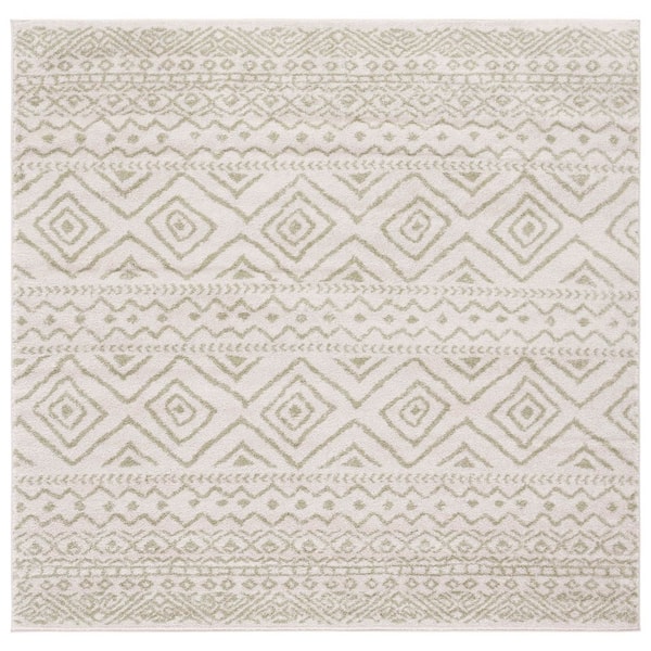 Tulum 7 ft. x 7 ft. Square Ivory/Sage Striped Geometric Diamonds Area Rug