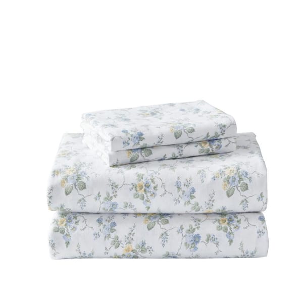 Laura Ashley Le Fleur 4-Piece Pastel Blue Cotton Flannel Full Sheet Set