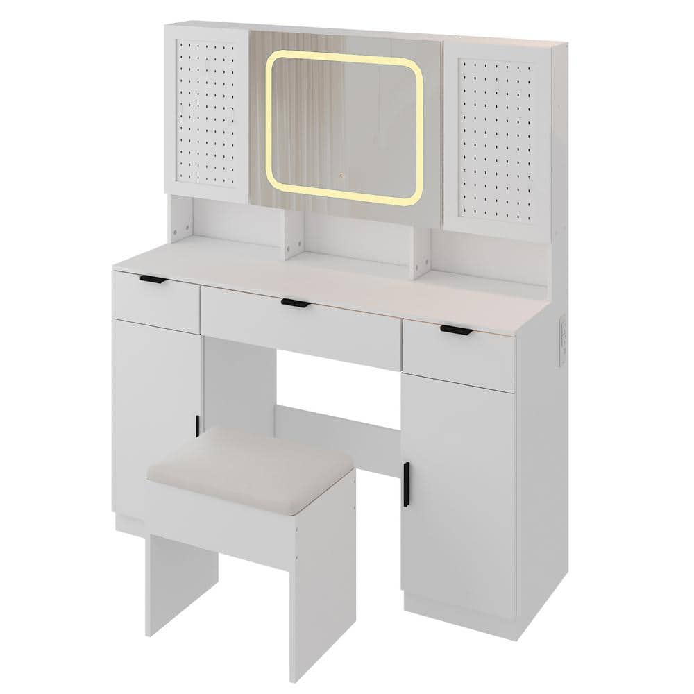 2-Piece White Makeup Vanity Set with Mirror Cabinet