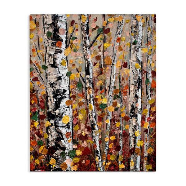 Stupell Industries Autumn Birch Trees Abstract Leaves by Jen Seeley 1-Piece Wrapped Unframed Nature Graphic Art Print 40 in. x 30 in.