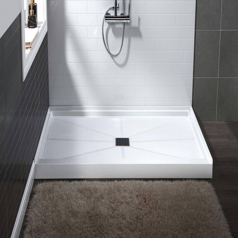 36" White Solid Surface Square Shower Pan Base with Oil-Rubbed Bronze Drain Cover
