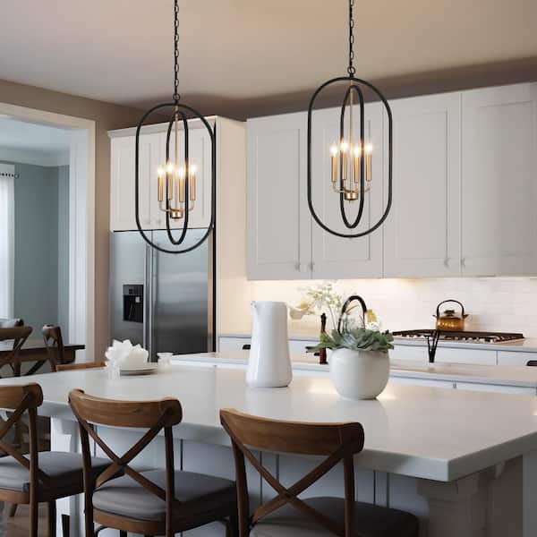 4-Light Farmhouse Lantern Dark Gold Dining Room Chandelier, Mid-Century Modern Chandelier, Black Cage Pendant Light