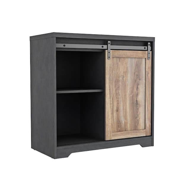 Tatahance Black Particle Board Bar Cabinet with Farmhouse Barn Door