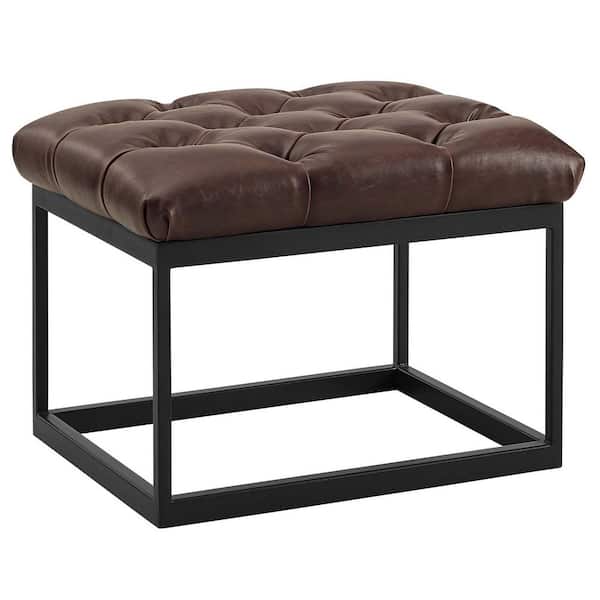 MODWAY Cherish Antique Button Tufted Faux Leather Ottoman in Brown