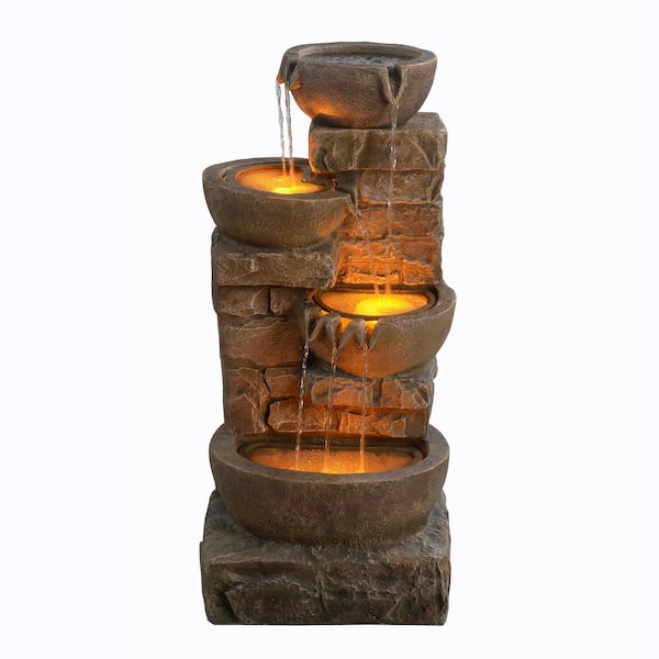 Teamson Home 33 in. Outdoor Bowls and Stacked Stones Cascade Fountain with LED Light, Adjustable Flow and Electric Pump in Brown