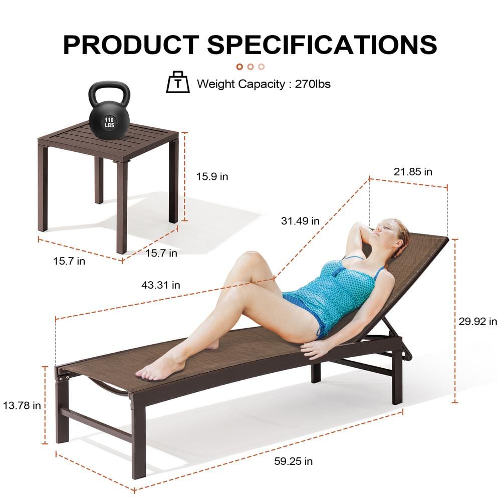 Ergonomic Outdoor Aluminum Lounge Set with Adjustable Chairs & Side Table - Brown