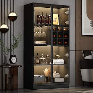 63 in. H x 31.5 in. Wide Black Wood 3-Shelf Bookcase Bookshelf With Wine Cubes, 3-Color LED Lights, Tempered Glass Doors