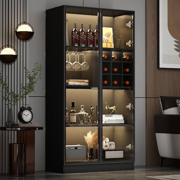 FUFU&GAGA 63 in. H x 31.5 in. Wide Black Wood 3-Shelf Bookcase Bookshelf With Wine Cubes, 3-Color LED Lights, Tempered Glass Doors