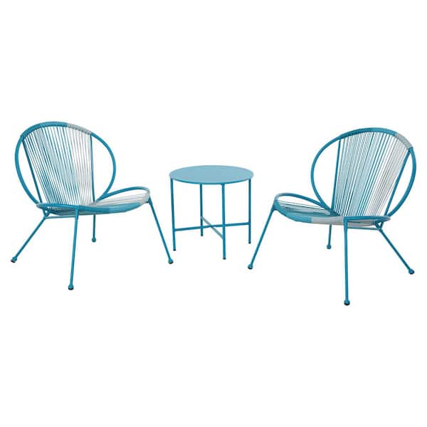 Clihome 3-Piece Metal Patio Acapulco Chairs Outdoor Conversation Set Plastic Rope Lounge Chair with Side Table, Blue
