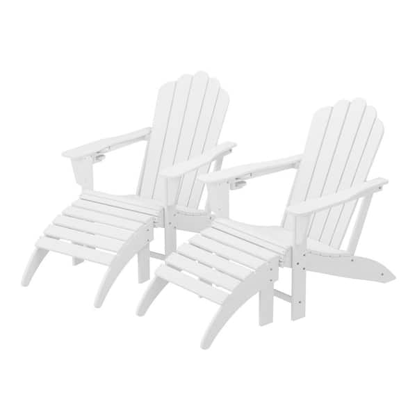 Aderson 4-Piece All Weather Outdoor White Plastic Adirondack Cup Holder Chair with Ottoman Patio Conversation Set