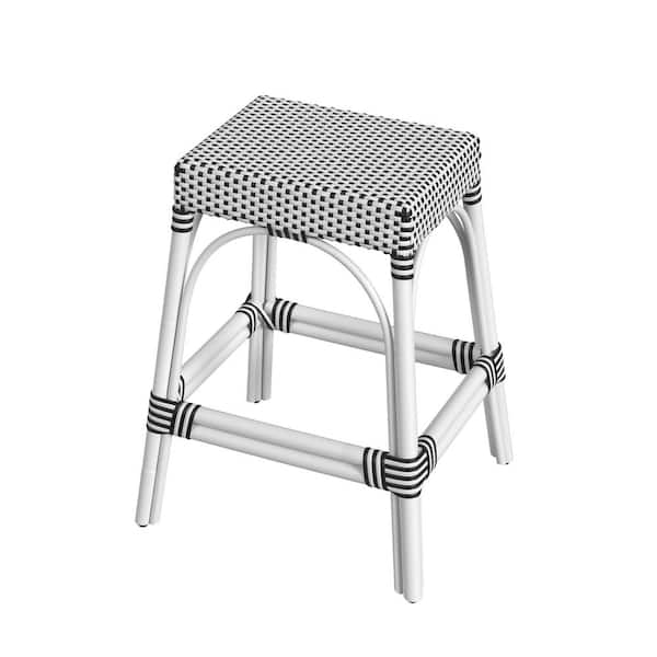 Butler Specialty Company Robias 24.5 in. White & Black Dot Backless Rectangular Rattan Counter Stool (Qty 1)