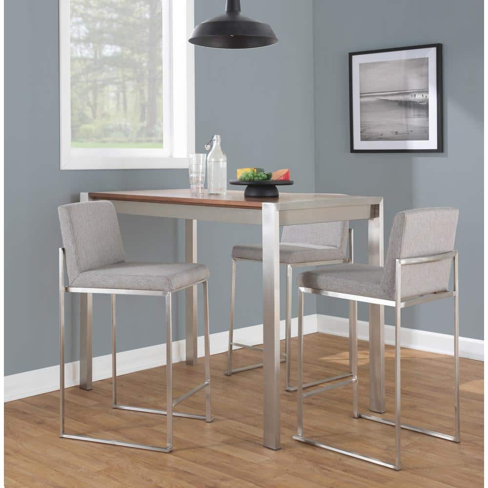 LumiSource Fuji High Back 26 in. Grey Fabric and Stainless Steel Bar Stool (Set of 3)