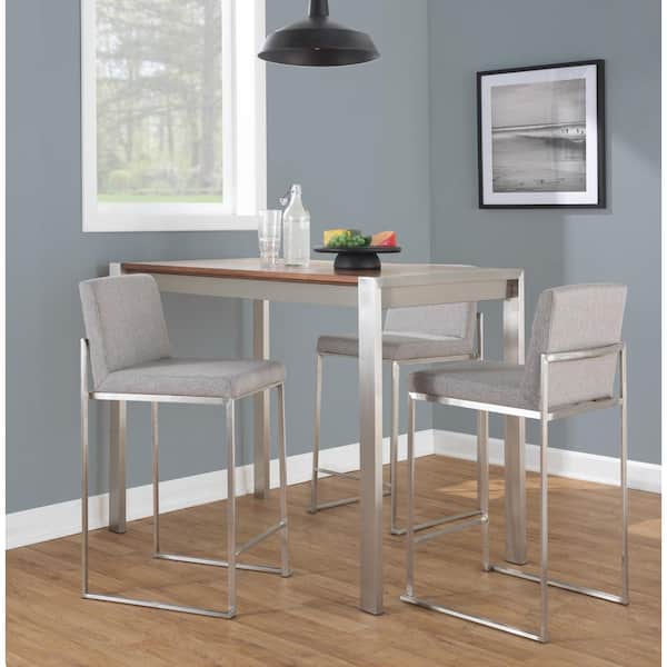 LumiSource Fuji High Back 26 in. Grey Fabric and Stainless Steel Bar Stool (Set of 3)