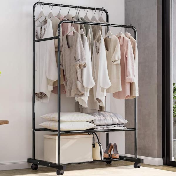 Untyo Clothing Rack with Wheels Double Rails Garment Rack Rolling