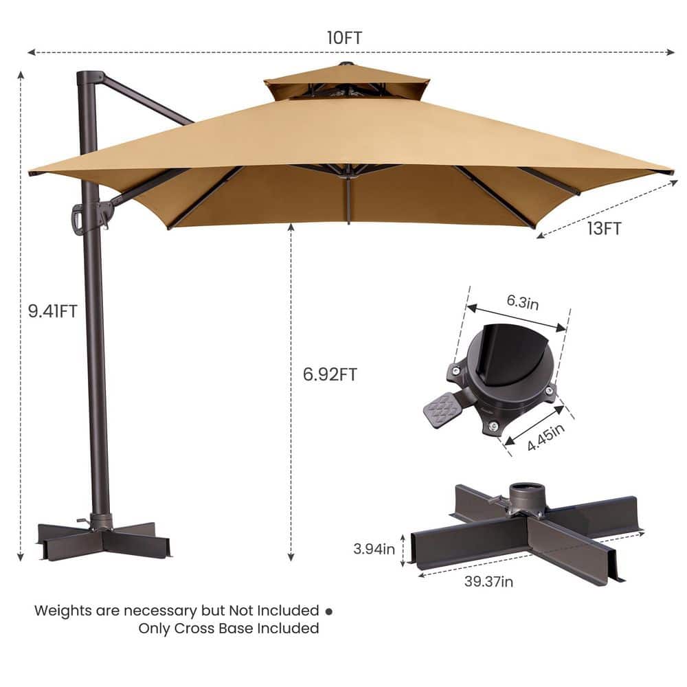 Tan 13 x 10 ft Double Top Cantilever Patio Umbrella with Metal Frame