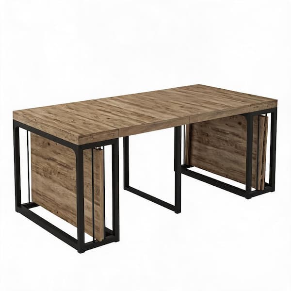 Ancient Oak MDF 118 in. Metal Base Dining Table Seats 2-10, Space-Saving Extendable durable construction
