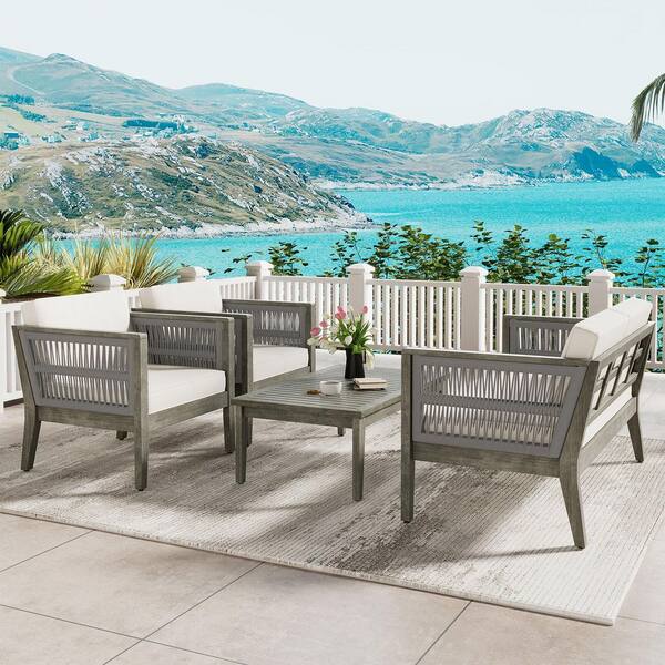 4-Pieces Outdoor Acacia Wood Patio Conversation Set Deep Seating with Beige Soft Cushion and Coffee Table