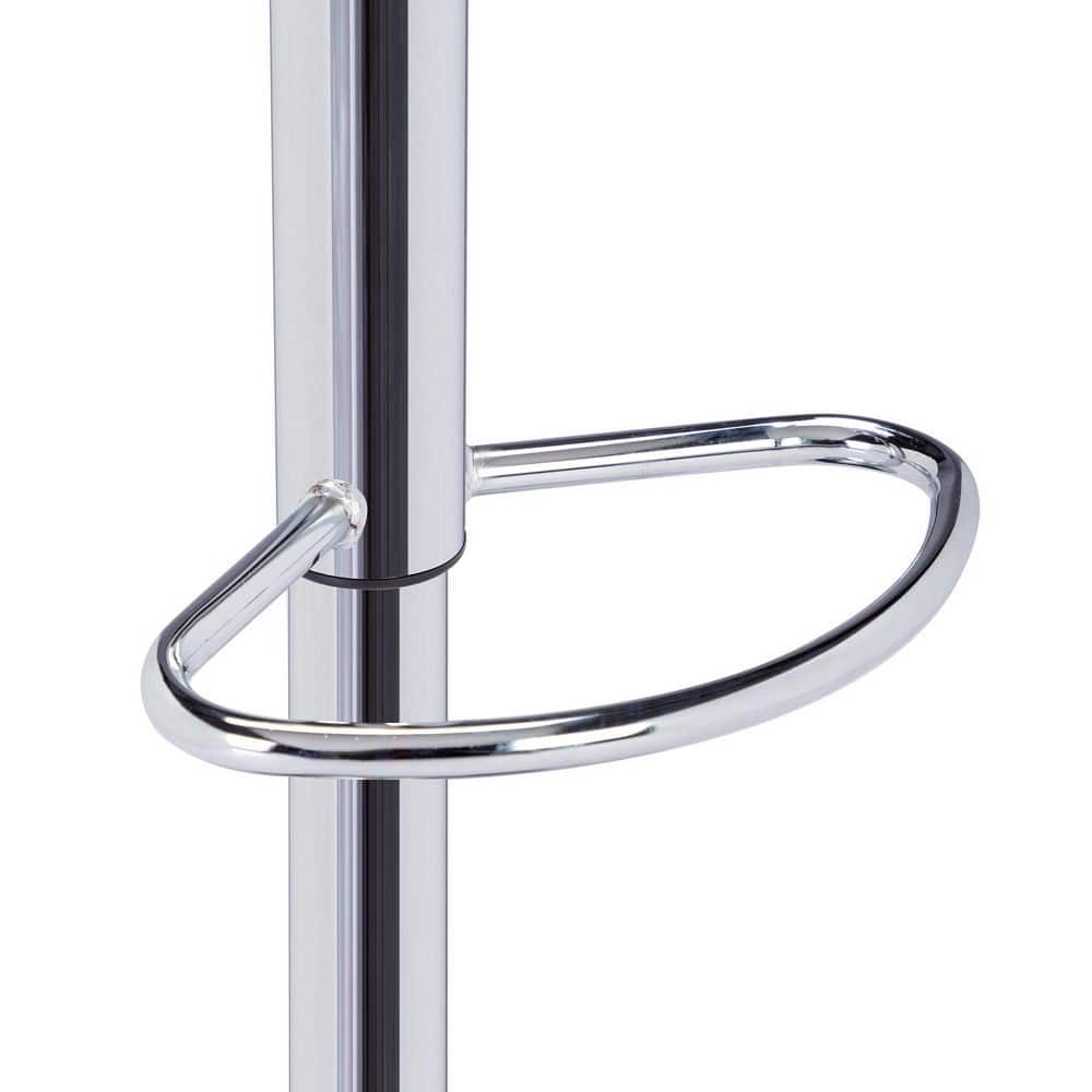 Close-up of the chrome metal footrest on a bar stool.