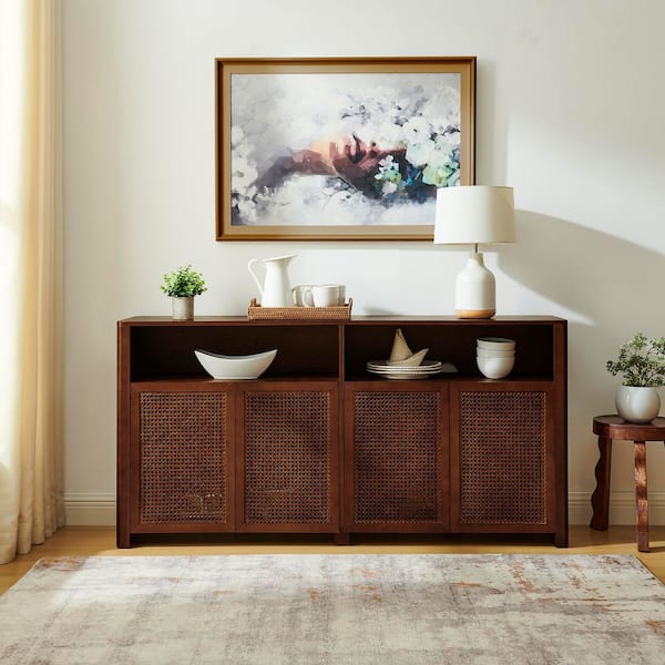 Gardenia Modern Walnut Wood Buffet Sideboard Cabinet with Adjustable Shelves, Open Storage and 4 Rattan Doors
