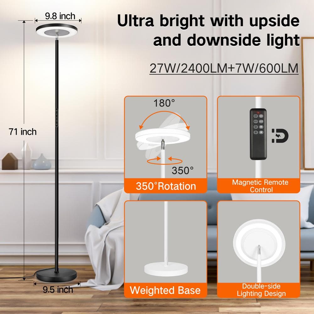 Black Adjustable LED Torchiere Floor Lamp with Remote Control