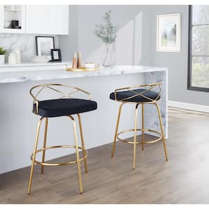 Charlotte Glam 25.25 in. Black Velvet and Gold Metal Fixed-Height Counter Stool with Round Footrest (Set of 2)