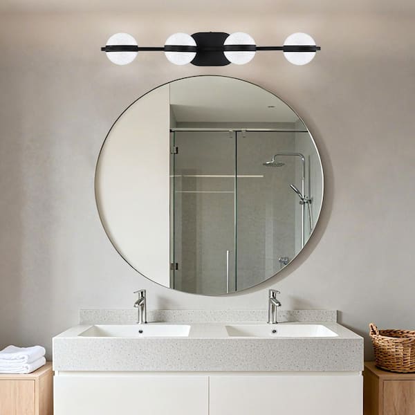 28.9 in. 4-Light Black LED Vanity Light Bar Over Mirror with Acrylic Globe Frosted White Lampshade