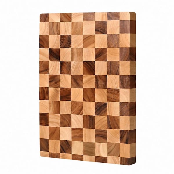 16 oz. End Grain Acacia Wood Monogram Rectangular Butcher Block with Handle and Rubber Feet, 15.7 in. x 11.2 in