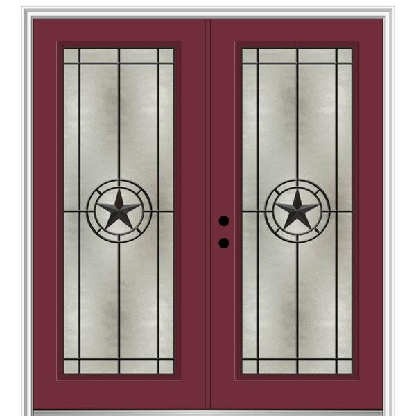 MMI Door Elegant Star 72 in. x 80 in. Right-Hand Full Lite Decorative Glass Burgundy Painted Fiberglass Prehung Front Door