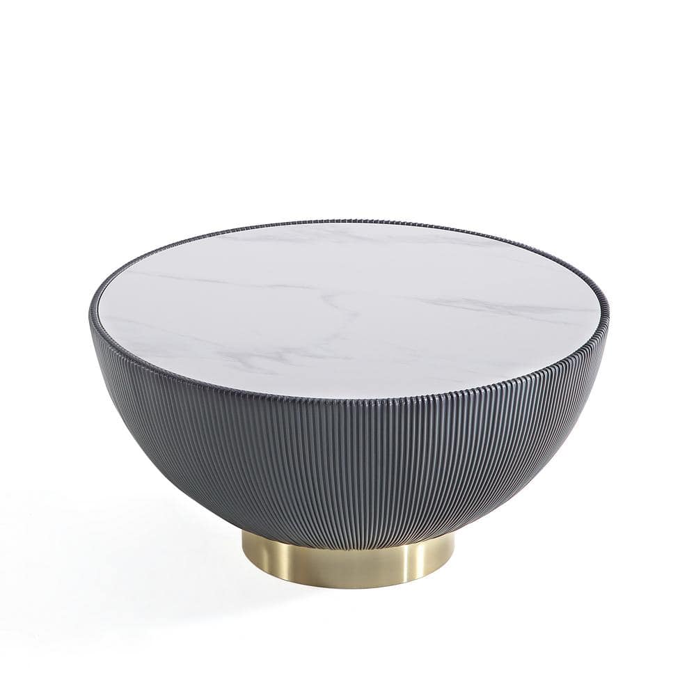 Gray Round Marble Coffee Table with Gold Base and Leatherette Pleating