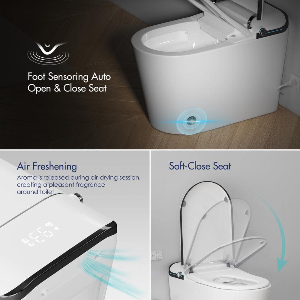 Elongated White and Black Smart Bidet Toilet with Heated Seat