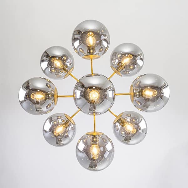 HUOKU Carla 9-Light 27.6 in.W Brushed Brass Smoked Glass Globe