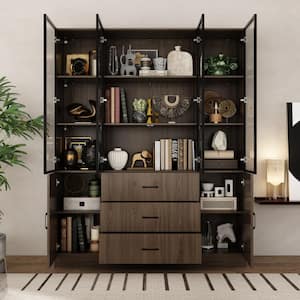 Brown Wood 63 in. W Display Cabinet With Pop up Tempered Glass Doors, 3-Color LED Lights, Drawers, Adjustable Shelves