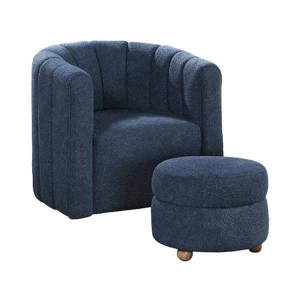 Avina Blue Boucle Fabric Upholstery Swivel Arm Chair with Ottoman