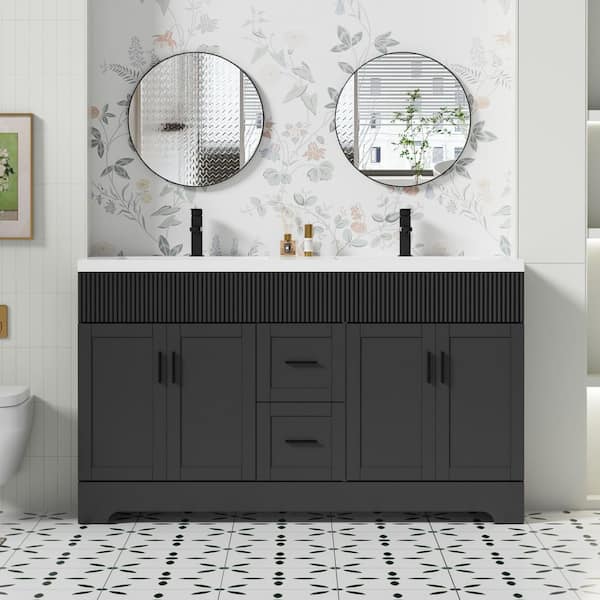 60 in. W. x 18.3 in. D x 33.7 in. H Double Sink Freestanding Bath Vanity Black with White resin Top and Drain Faucet Set