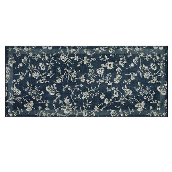 Laura Ashley Aria Floral Border Chenille Dark Navy 2 ft. x 5 ft. Polyester Runner Rug