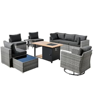 Sanibel Gray 10-Piece Wicker Patio Conversation Sofa Set with a Swivel Chair, a Storage Fire Pit and Black Cushions