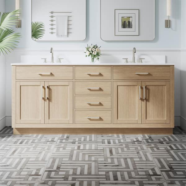 NORA 80 in. Freestanding OAK Solid Wood Bath Vanity with Pure White Cultured Marble Top, Soft-Close, Assembled
