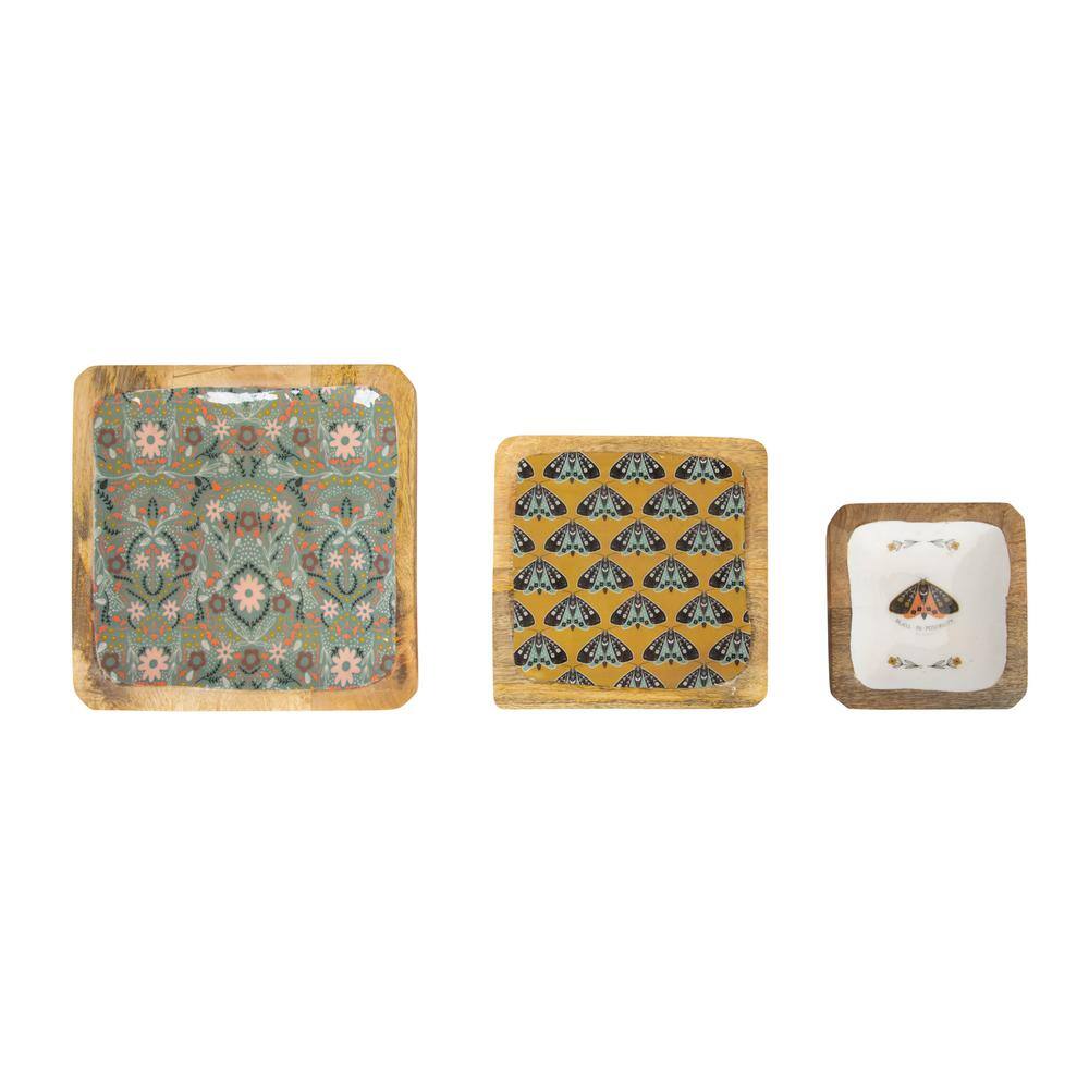 Multicolor Enameled Wood Trays with Moths and Florals, Set of 3