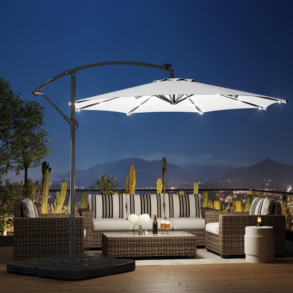 White 10 ft. Solar LED Cantilever Patio Umbrella with Steel Frame
