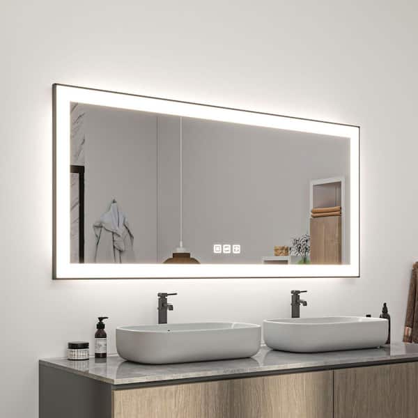 60 in. W x 30 in. H Rectangular Framed LED Anti-Fog Wall Mirror in Black with Backlit and Front Light
