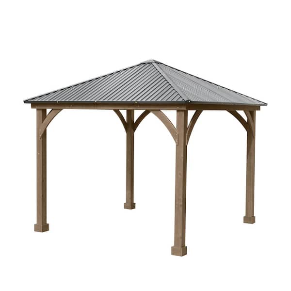 Aoodor 10 ft. x 10 ft. Outdoor Patio Gray Wooden Frame Gazebo with Black Hardtop Roof