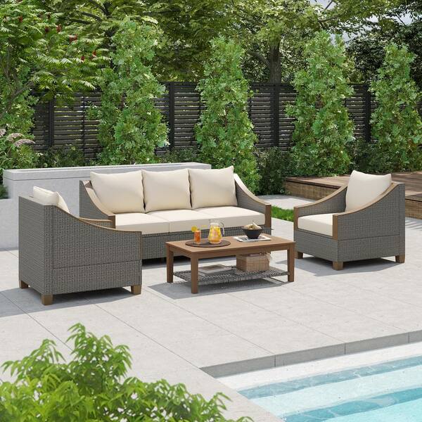 Unbranded 4-Piece Wicker Outdoor Sectional Sofa Set With Wooden Coffee Table And Cushions For Backyard Garden Gray