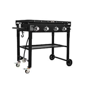 36 in. Flat Top Gas Grill on Cart 4-Burner Outdoor Cooking Station Manual Steel, Storage Rack Rust Resistant, propane