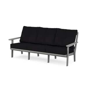 Mission Plastic Outdoor Deep Seating Couch in Slate Grey with Midnight Linen Cushions