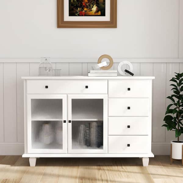 FUNKOL 47.24 in. W x 16.93 in. D x 33.70 in. H White MDF Freestanding Linen Cabinet With 5 Drawer 2 Door